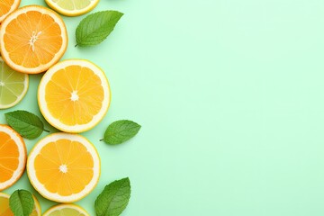 Top view of lemon and orange refreshment on retro mint pastel background with copyspace