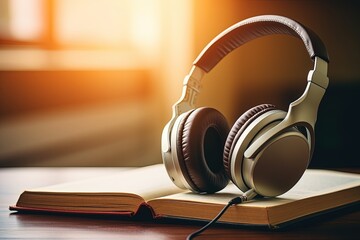 Using audiobooks to learn with headphones on close up - obrazy, fototapety, plakaty