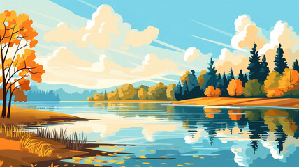 Flat Illustration Peaceful Lake in Autumn design - obrazy, fototapety, plakaty