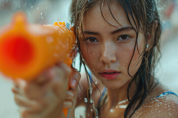 Songkran Festival, playing in the water, woman using a water gun