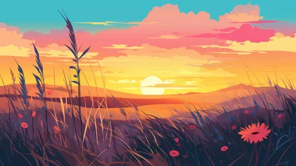 Foto op Plexiglas Flat Illustration Wild Prairie at Sunset A flat design © BornHappy