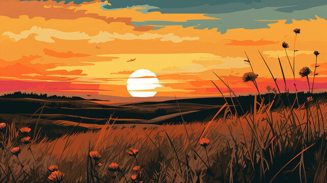 Flat Illustration Wild Prairie at Sunset A flat design sunset
