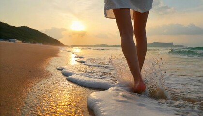 砂浜を歩く女性　海　人物　トラベル　ポートレート　AI生成画像