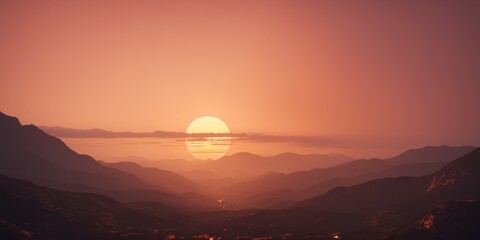 Peach colored sunrise over the mountains. Beautiful landscape. Panoramic view, romantic background 
