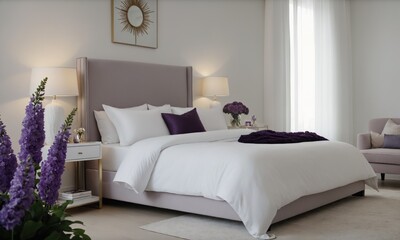 Luxury bedroom interior with purple pillows and bedside table
