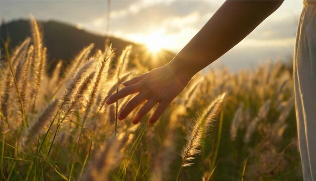 草原を歩く女性　人物　ポートレート　AI生成画像