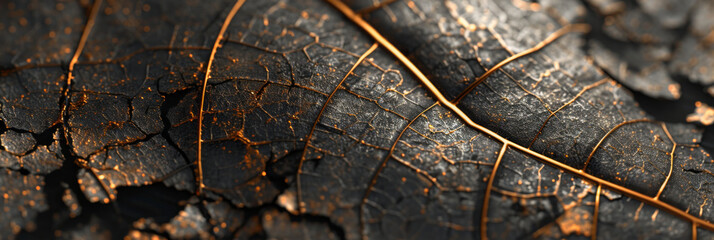 the surface of a dead leaf is covered in brown and gold scratches, generative AI