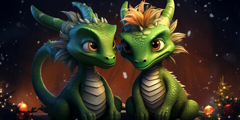 A dragon with a green leaf on its head. Beautiful animal with magical colors3D style to be cute in a variety of colors.