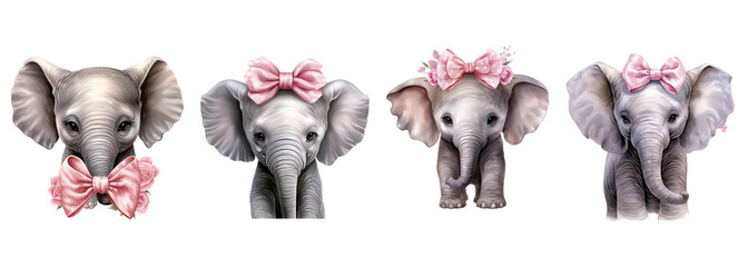 grey calf elephant with a pink bow on head watercolor - obrazy, fototapety, plakaty