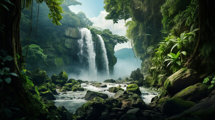 Photo Realistic Majestic Waterfall in a Rainforest