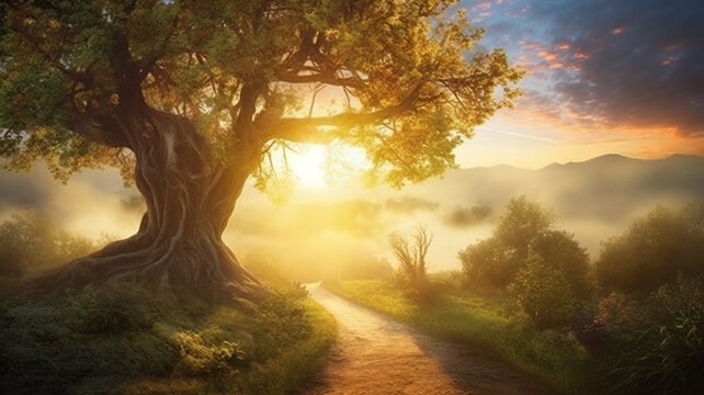 Photo Realistic Misty Forest Path at Sunrise