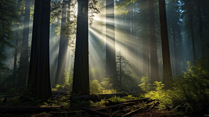 Photo Realistic Misty Redwood Forest Morning beautiful - obrazy, fototapety, plakaty