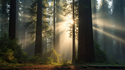 Photo Realistic Misty Redwood Forest Morning light