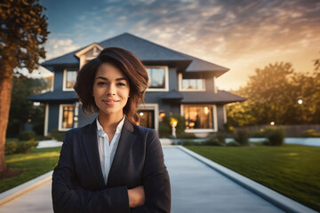 Confident American female real estate agent stands proudly outside a modern home, radiating expertise and approachability, ready to assist potential buyers