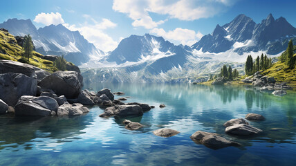 Photo Realistic Pristine Alpine Lake rock - obrazy, fototapety, plakaty