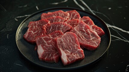 a black plate with beef cuts that have been sliced