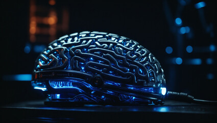 Concept 3D illustration of a brain made of machine. Futuristic, Metal material, Robotic Brain, Brain of a Machine