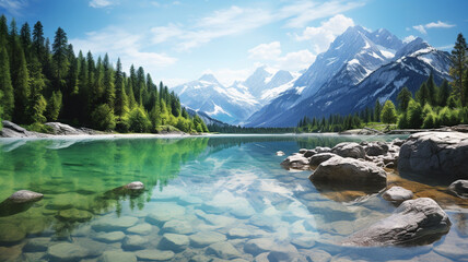 Photo Realistic Pristine Alpine Lake nature - obrazy, fototapety, plakaty