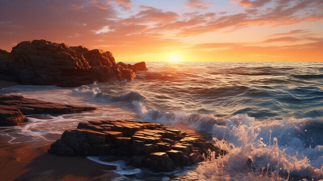 Photo Realistic Rocky Shoreline at Sunset ocean