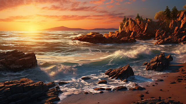 Photo Realistic Rocky Shoreline at Sunset sea