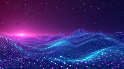 Abstract digital landscape with particles dots and stars on horizon. Wireframe landscape background. Big Data. 3d futuristic illustration. 80s Retro Sci-Fi Background