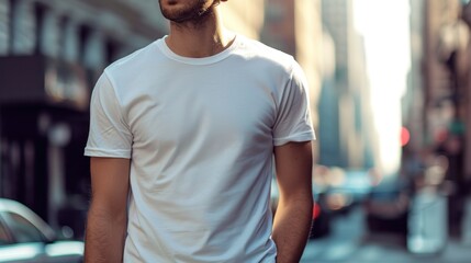 Man model shirt mockup. Boy wearing white t-shirt on street in daylight. T-shirt mockup template on hipster adult for design print. Male guy wearing casual t-shirt mockup placement.