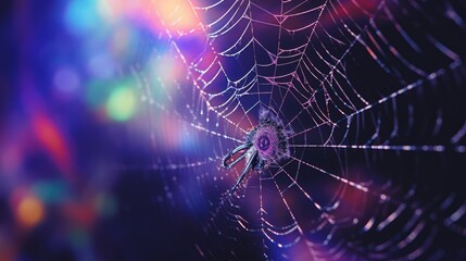 Close-up of a spider web and a spider on a multicolored background in the dark. Macro photos of insects in their natural habitat. Copy space.