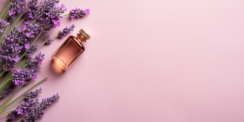 flat lay with a bottle of rose oil and lavender flowers. essential oil - obrazy, fototapety, plakaty