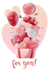 card design for Valentine s Day and Mother s Day. Poster, banner with open gift box and balloons. Background with flying helium balloons in the shape of hearts.