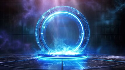Blue hologram portal. Magic fantasy portal. Magic circle teleport podium with hologram effect. Abstract high tech futuristic technology design. Round shape. Circle Sci-fi element light and lights.