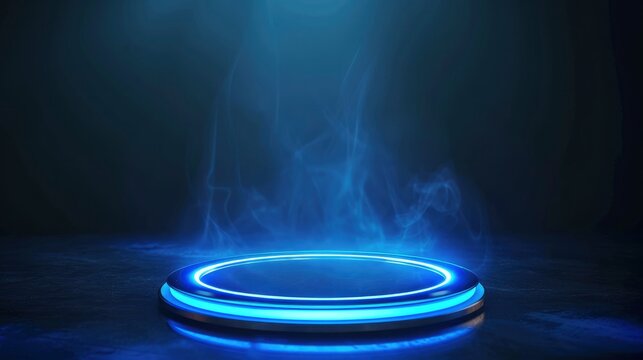 Blue hologram portal. Magic fantasy portal. Magic circle teleport podium with hologram effect. Abstract high tech futuristic technology design. Round shape. Circle Sci-fi element light and lights.