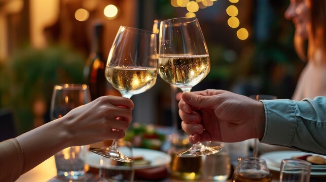A Couple Toasting Glasses of Wine in a Romantic Restaurant, Creating a Perfect Moment of Connection and Love on Valentine's Day