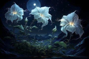 Obraz na płótnie Canvas Ethereal moonflower blooms, releasing fragrant scents and glowing softly in the darkness - Generative AI
