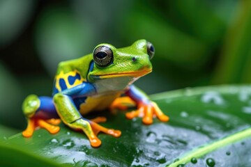 A small, colorful frog on a leaf, with a rainforest background