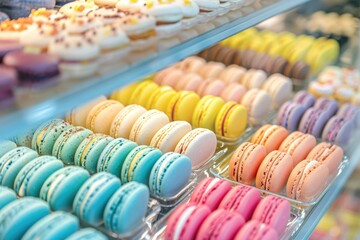 An array of colorful macarons in a delicate glass display case.