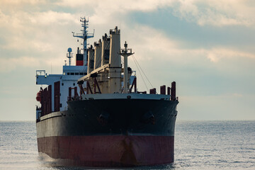 A large cargo sea ship sails on the ocean among the waves