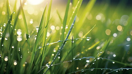 Fototapeta na wymiar Photo Realistic Morning Dew on Grass spring