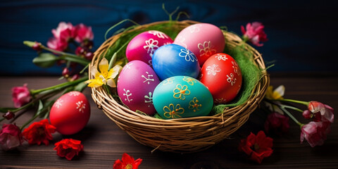 Fototapeta na wymiar Colorful Easter Eggs In Basket , Springtime Joy: Colorful Eggs Brimming in a Whimsical Basket