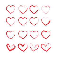 Set of 16 different simple red hearts isolated on white for a Valentine's day card or t-shirt design. Hand-drawn style. Vector illustration