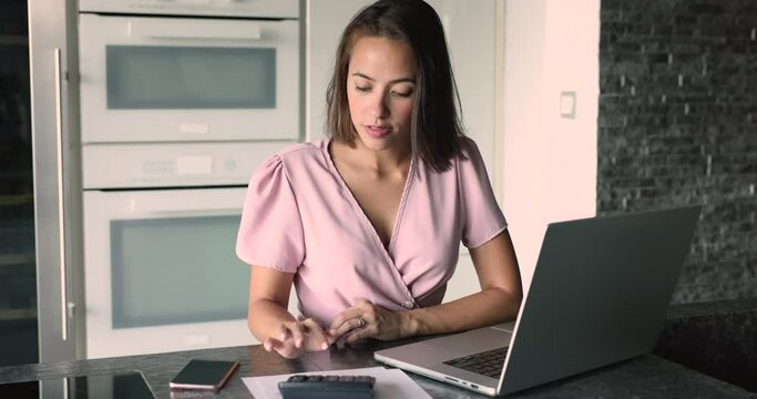 Young housewife manages family budget, faced up with financial problems, lack of money to pay household bills, huge taxes, do accounting job from home feels stressed due to mistake. Crisis, overspend