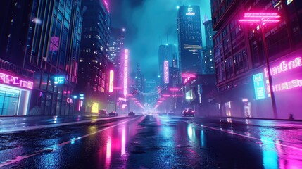 Photorealistic 3d illustration of the futuristic city in the style of cyberpunk. Empty street with neon lights. Beautiful night cityscape