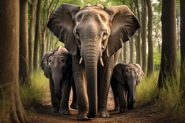 Fototapeta premium Elephant family walking in the forest. generative ai