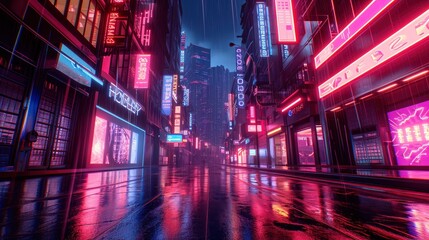 Fototapeta na wymiar Photorealistic 3d illustration of the futuristic city in the style of cyberpunk. Empty street with neon lights. Beautiful night cityscape