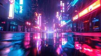 Photorealistic 3d illustration of the futuristic city in the style of cyberpunk. Empty street with neon lights. Beautiful night cityscape