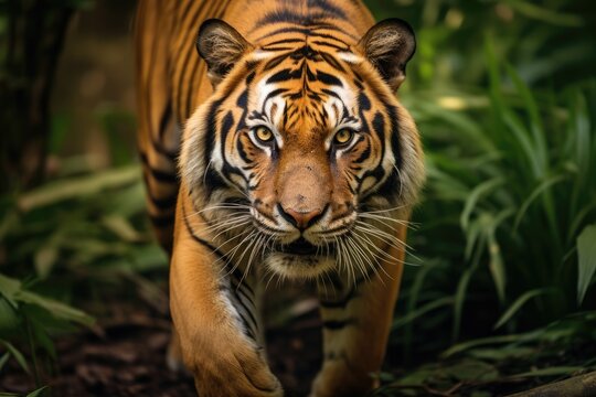 close-up shot of a tiger in forest. generative ai