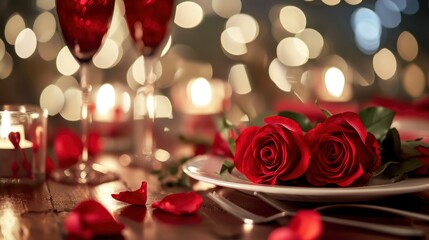 Romantic table setting for red roses and candlelight for Valentines dinner.