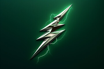 A metallic, chrome lightning bolt with energy field on a dark green background - obrazy, fototapety, plakaty