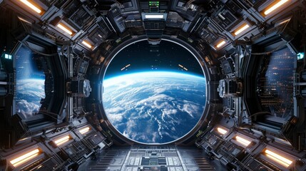 Obraz premium Spaceship futuristic interior with view on planet Earth.