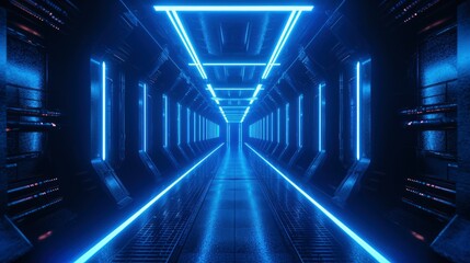 Three dimensional render of dark futuristic corridor illuminated by blue neon lights