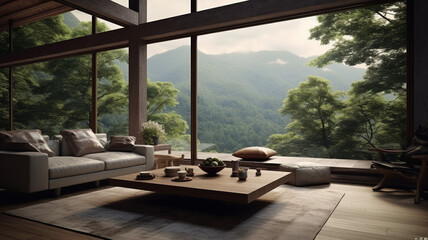 Photo Realistic Simple Living Room with Nature View